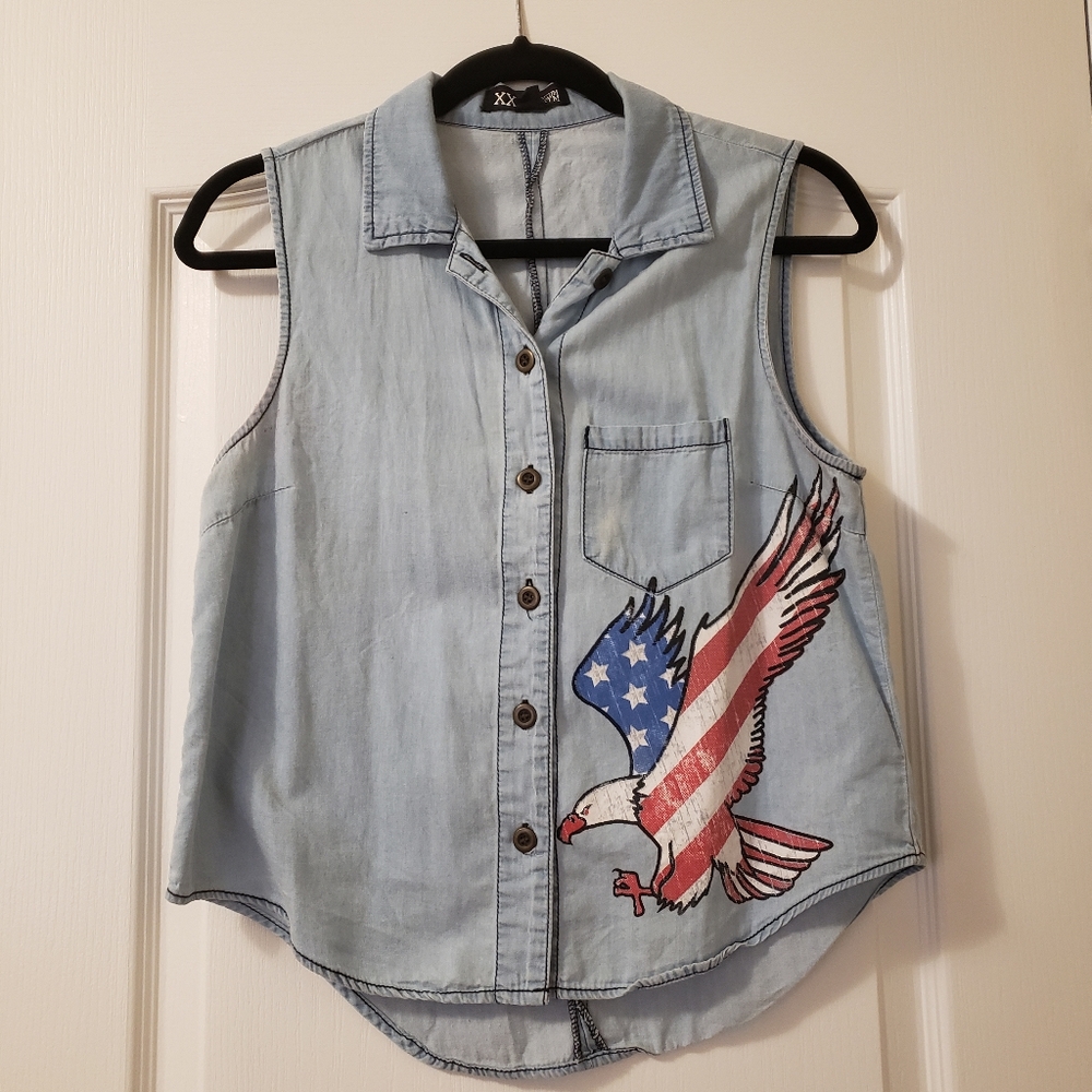 Jean button up top with American flag and eagle